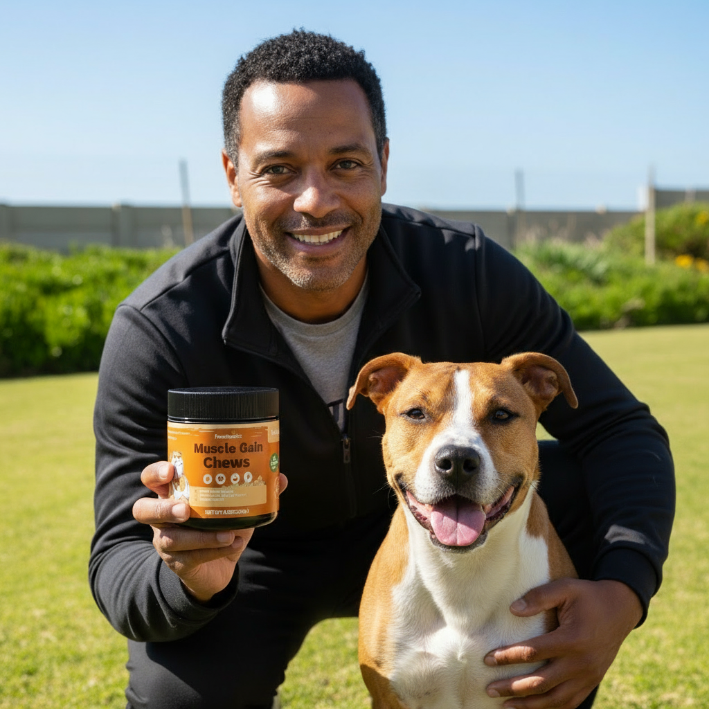 Man holding a jar of 'Muscle Gain Chews' with a dog outdoors on a sunny day.